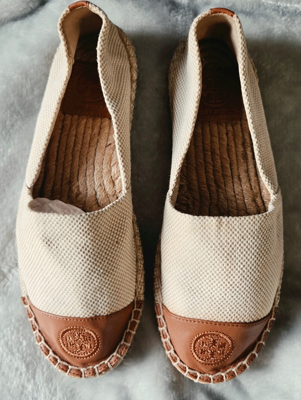 Tory Burch Cream Canvas Espadrilles with Tan Toe Cap